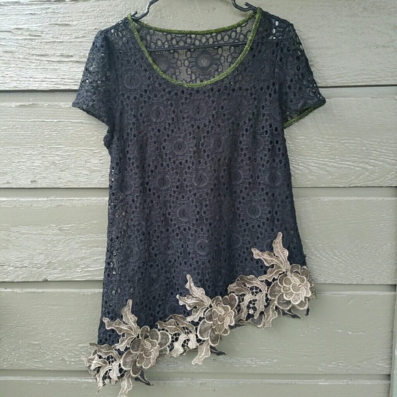 Vintage  Tops - Vintage Asymmetric Black and Gold Lace Top