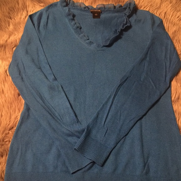 Ann Taylor Sweater Turquoise Blue Ruffled V-Neck - Picture 1 of 3