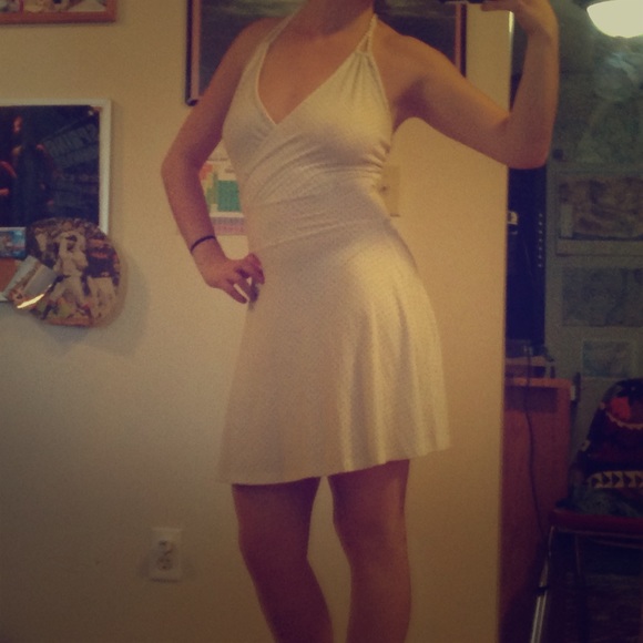 White dress with small black polka dots