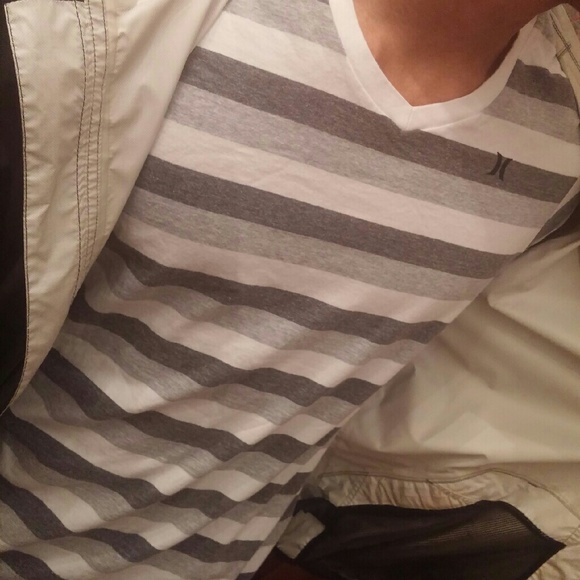 Wide Stripe. Gray & White. Hourly Muscle  "V"  Tee