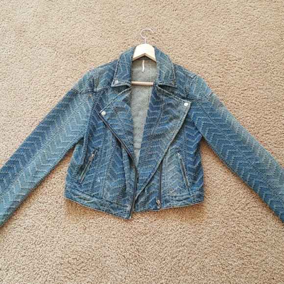 Free People Denim Herringbone Moto Jacket