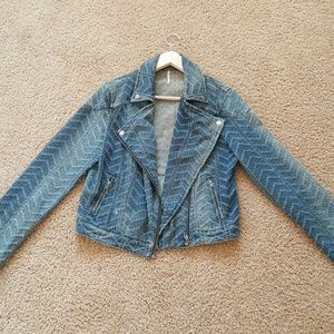 Free People Denim Herringbone Moto Jacket