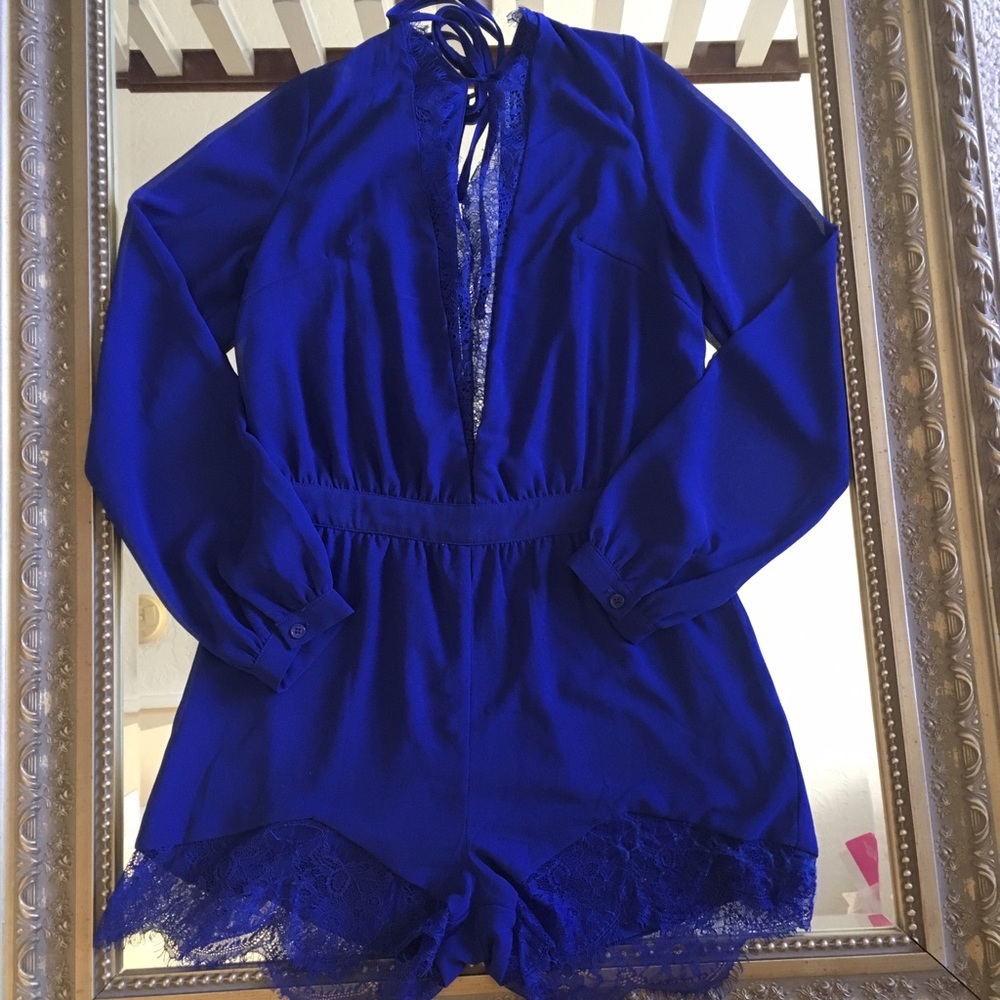 SEXY Blue Chiffon V-neck Romper with Lace Trim