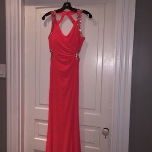 Coral prom dress with sequined back