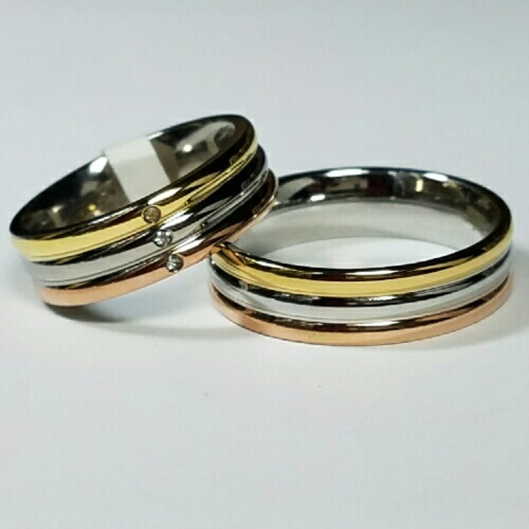 Tri Color Couples Diamond Wedding Band Set - Picture 4 of 4