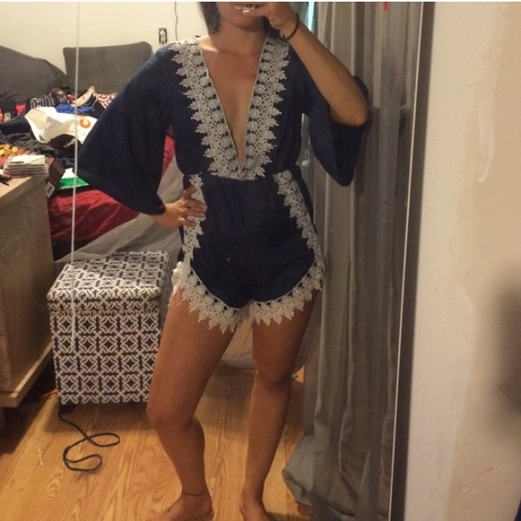 Adorable navy blue and white lace romper