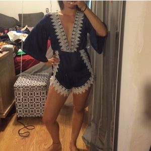 Adorable navy blue and white lace romper