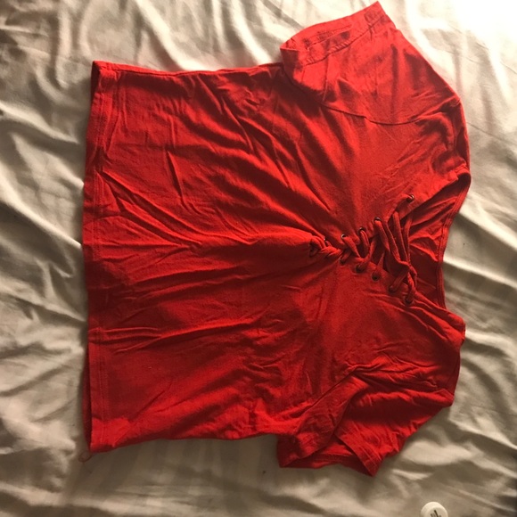 red cropped lace up top