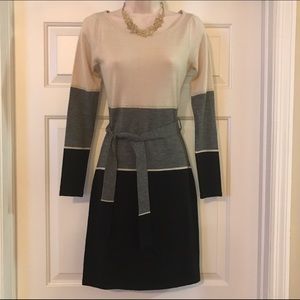 Color block sweater dress with tie belt