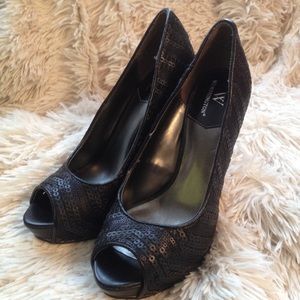 Matte Black Sequin Peep Toe Pumps 6