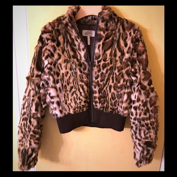 Vintage Guess Leopard Real Fur Bomber Jacket Coat