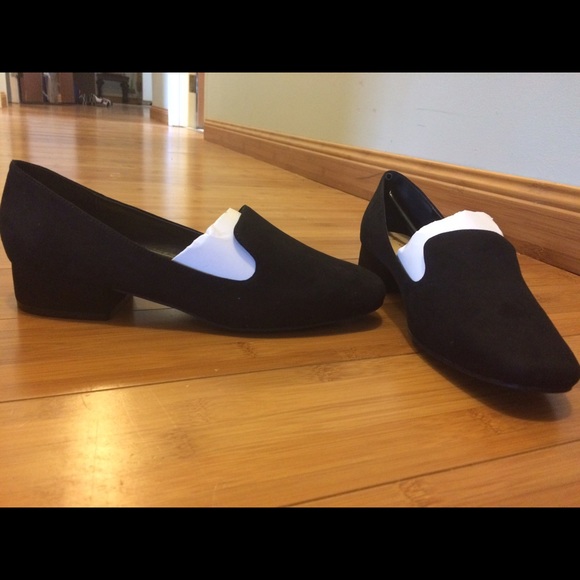 black, suede-like, NWT heeled loafers