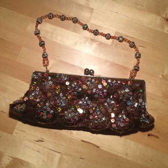 Brown satin beaded clutch