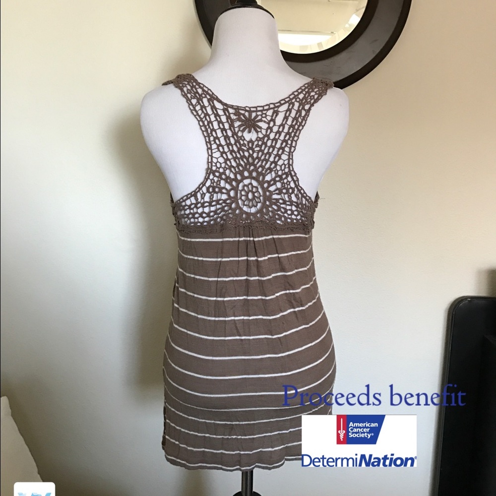 Cute Brown White Striped Tank w Lace Detail Back