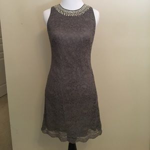 Grey lace shift dress with rhinestones