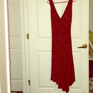 Ashley Stewart Red Glitter V-Neck Hi Lo Dress