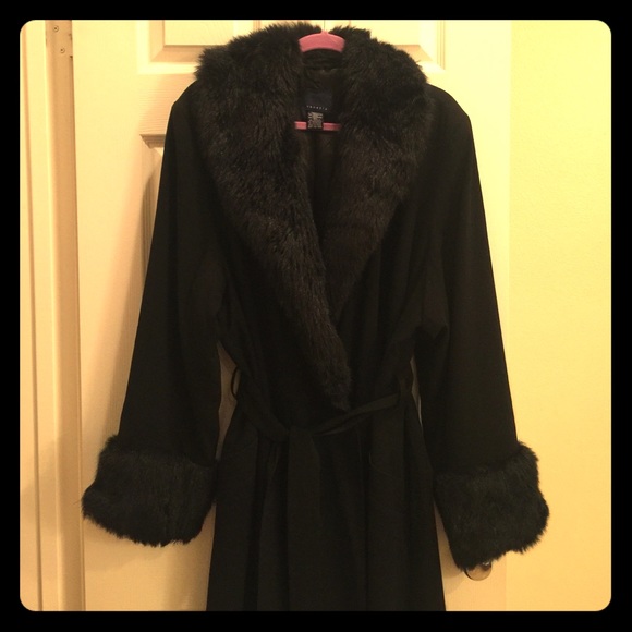 Venezia Long Black Faux Fur Collar & Sleeves Coat
