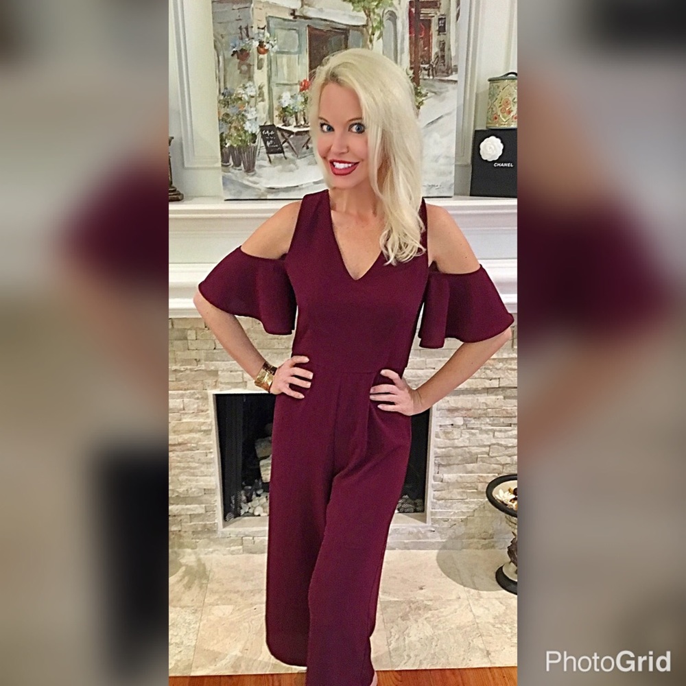 Plum gaucho jumpsuit- cold shoulder ruffle sleeves - Picture 2 of 4