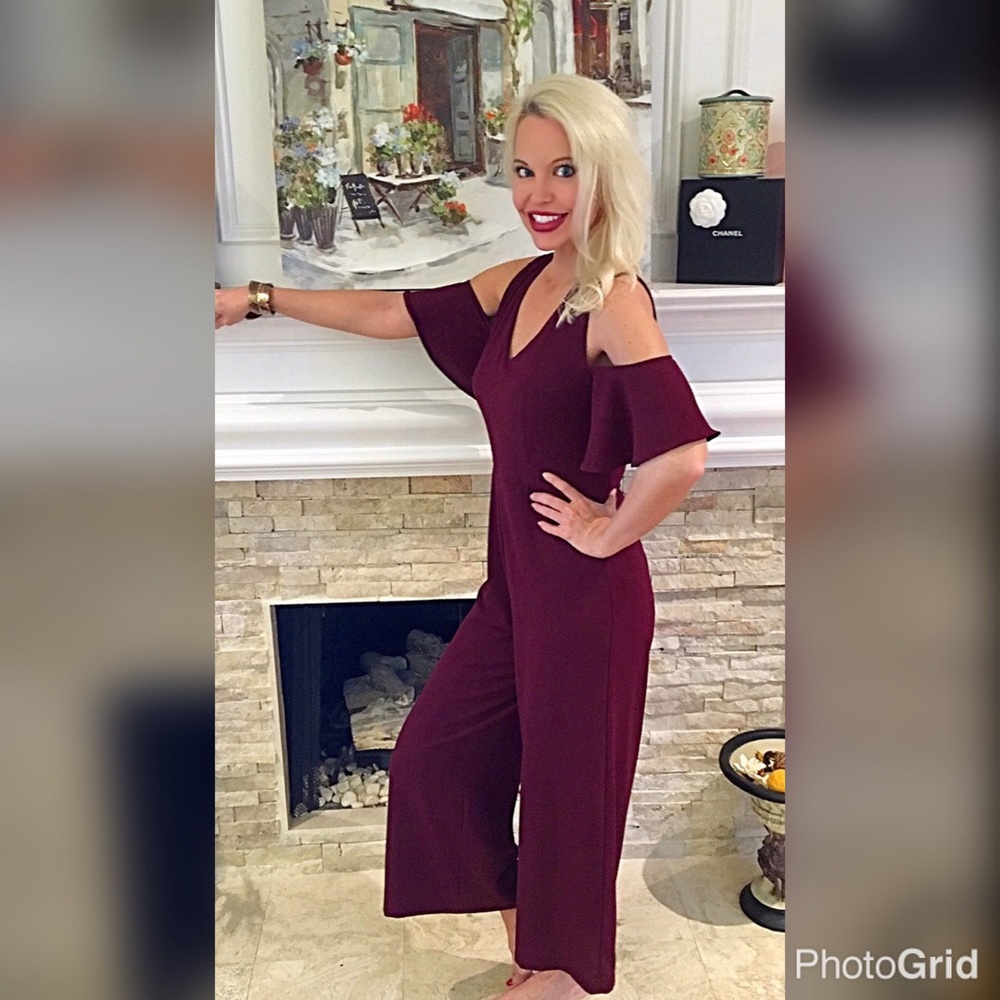 Plum gaucho jumpsuit- cold shoulder ruffle sleeves - Picture 3 of 4