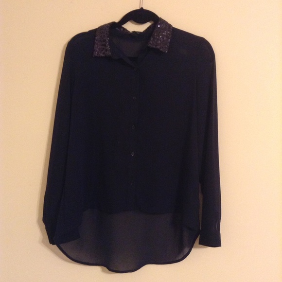 Forever 21 Navy Sequin Collar Chiffon Button-up