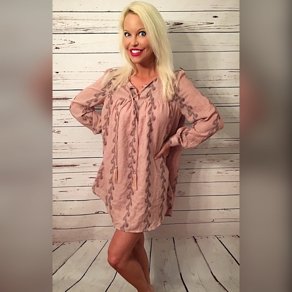 Rose/navy tie front fully lined embroidered dress! - Picture 2 of 3