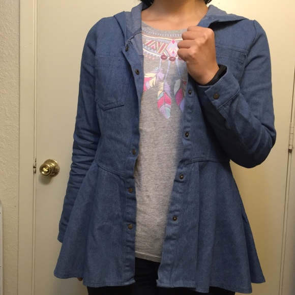 Denim Hood Button Down Fit and Flair Peplum Shirt