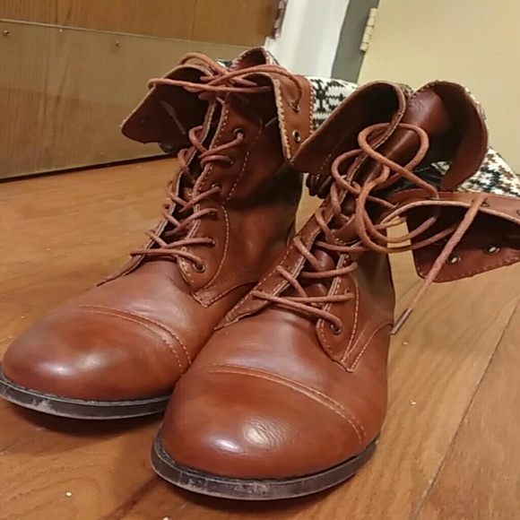 Brown Lace Up Fold Over Combat Boots