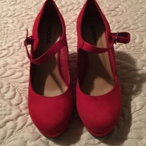 Red faux suede wedge shoe