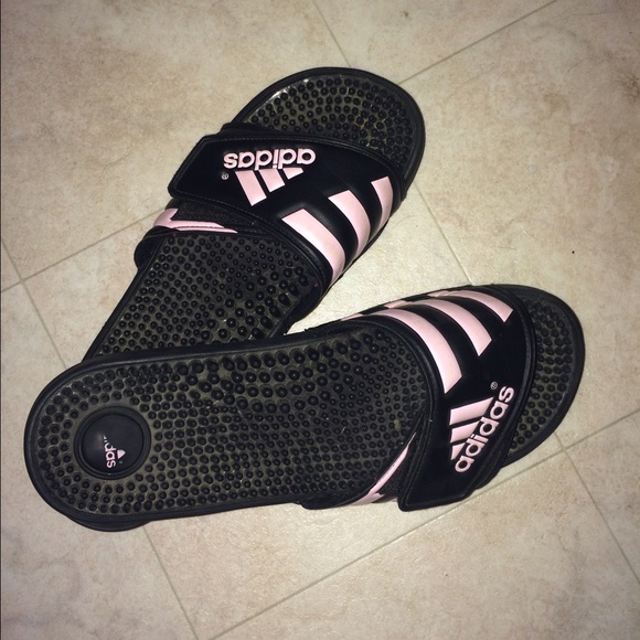 Adidas Slide On's with Pink Lettering