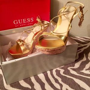 Guess gold lace up wedged heels