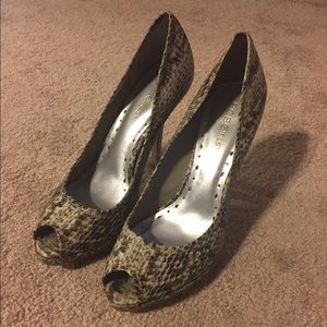 BCBGirls peep toe snake skin pumps