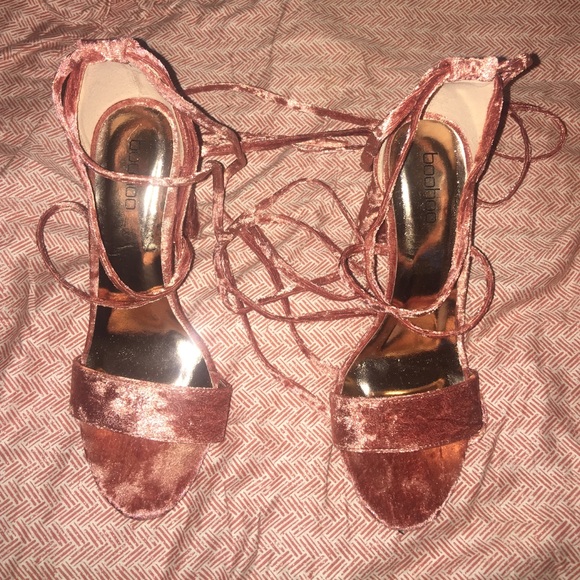 Crushed velvet rose gold heels