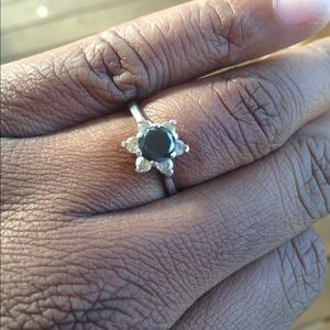Black Diamond Ring Flower Sterling Silver