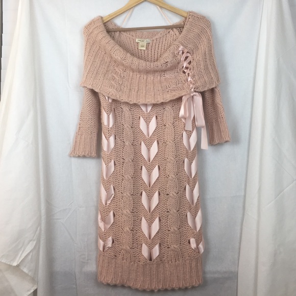 Arden B Pink Sweater Dress Crochet w/ Pink Ribbon