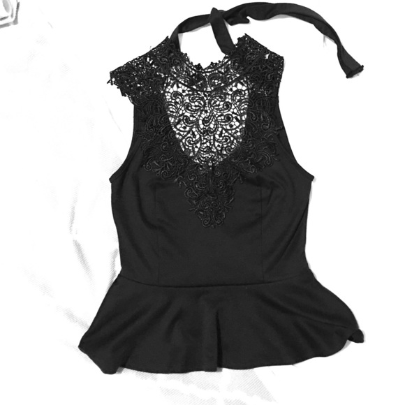 Black with lace appliqué peplum shirt - Picture 1 of 1