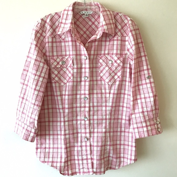 CAbi #410 Pink Plaid Pearl Button 3/4 Tab Sleeve