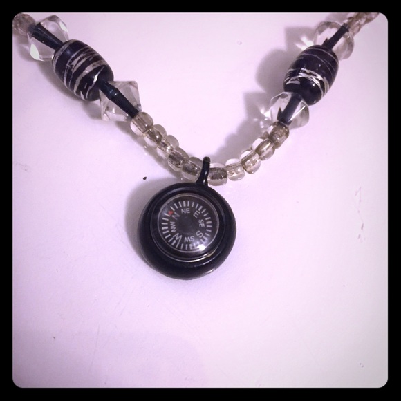 Black and clear glass beaded necklace w/ compass