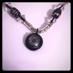 Black and clear glass beaded necklace w/ compass