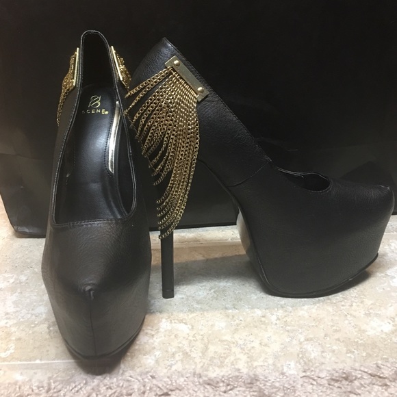 Scene Black Faux Leather Sexy Gold Chain Heels