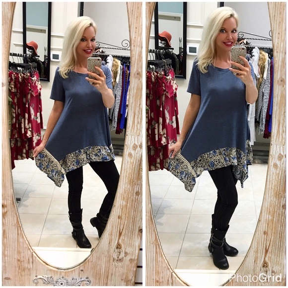 Denim color floral contrast shark bite hem tunic! - Picture 2 of 3