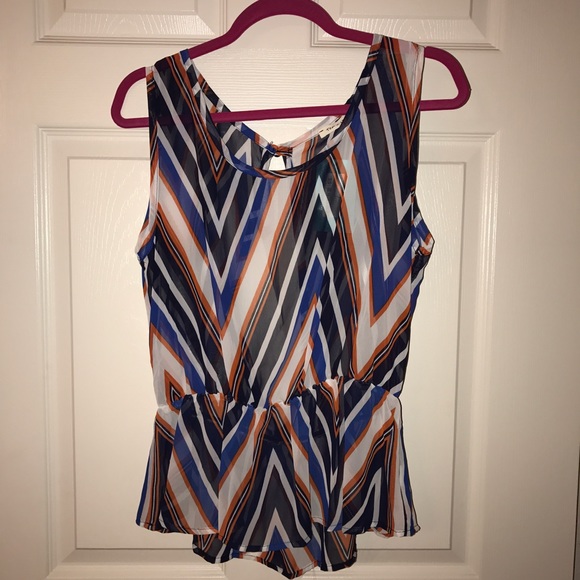 Orange white and navy sheer top