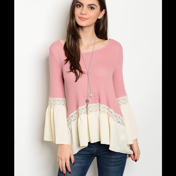 PINK WAFFLE KNIT TOP W/CREAM BELL SLEEVES & HEM - Picture 2 of 3