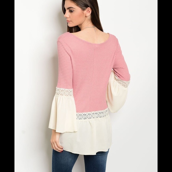 PINK WAFFLE KNIT TOP W/CREAM BELL SLEEVES & HEM - Picture 3 of 3