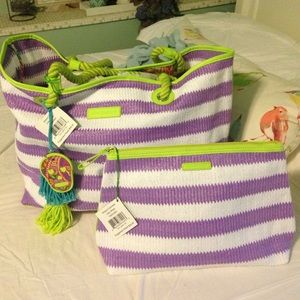 NWT Vera Bradley 2pc Lilac Striped Tote & Cosmetic