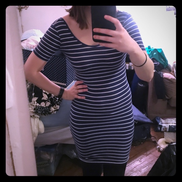 LAST DAY Navy Blue White Stripe Bodycon Dress - Picture 1 of 3