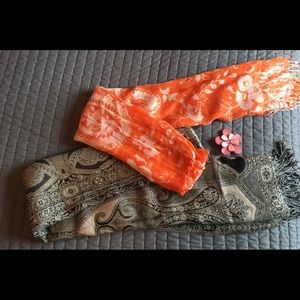 2 Scarves( silver & black) & (orange) & lovely Pin