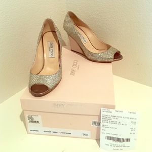 Jimmy Choo Peeptoe glitter wedge size 361/2