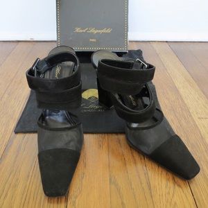 KARL LAGERFELD black suede ankle strap heels