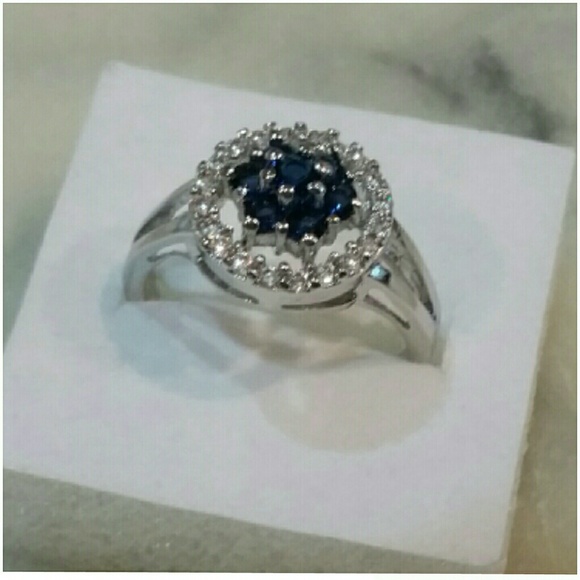 Genuine Blue Sapphire, White Sapphire Ring Sz 8 - Picture 2 of 3