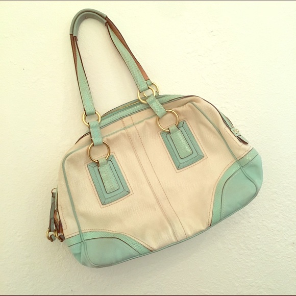 Coach linen and turquoise leather handbag